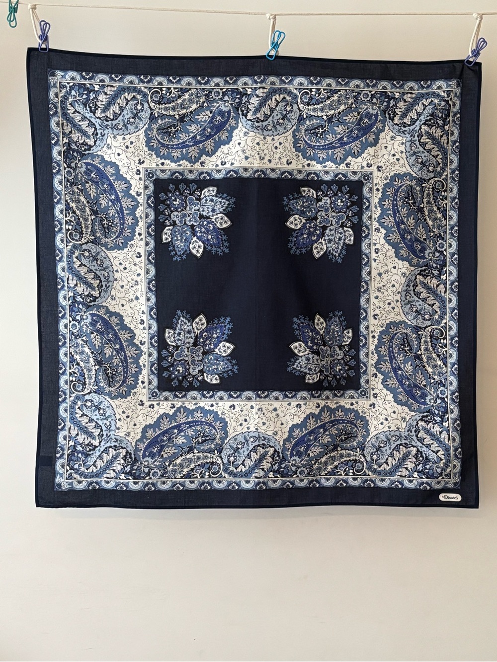 Vintage Dianes Navy Blue Paisley Floral 100% Cotton Square Scarf Like New